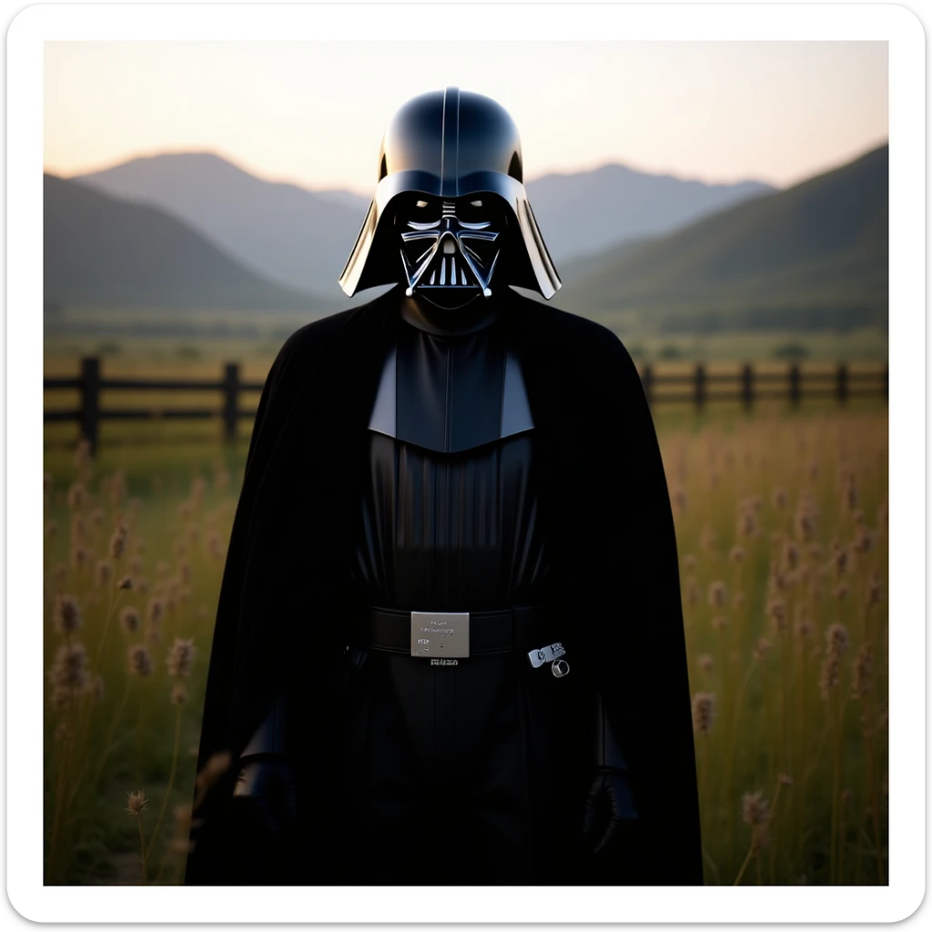 A portrait of a Darth vader in the foreground, blurred plants in the foreground (close to the camera), a wooden fence in the midground, rolling hills in the background, cinematic depth of field, layered composition, natural lighting sticker
