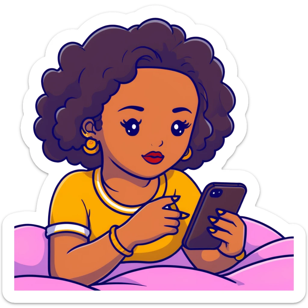 Brown-skinned teenage girl with curly black hair lying on bed looking at smartphone, heavy makeup, big lips, crop top, gold jewelry, choni style outfit sticker