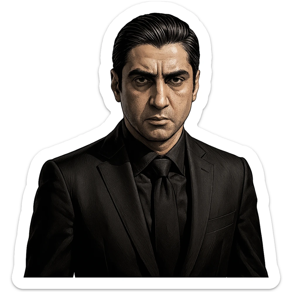 Polat Alemdar, Turkish mafia look, black suit, stern face, slicked-back hair, dramatic lighting, cinematic style, detailed modern illustration sticker