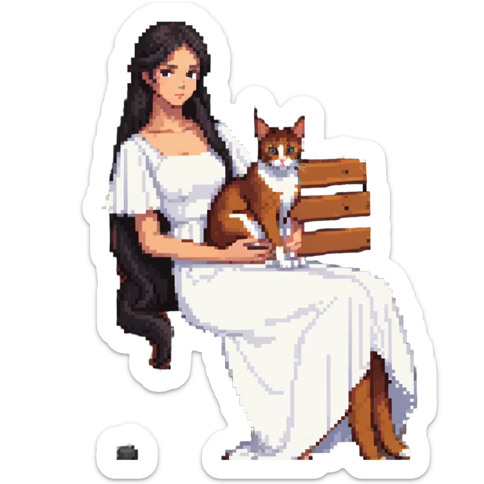 beautiful girl with long black hair in a white dress holding an Abyssinian cat with reddish-brown fur, sitting on a bench sticker