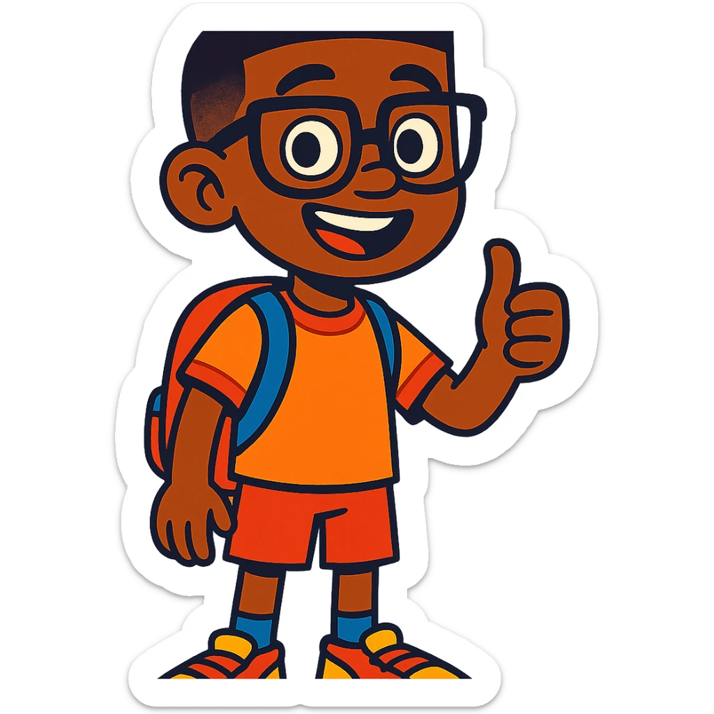 10 year old boy, brown skin, wearing glasses, short hair, vibrant cartoon style sticker