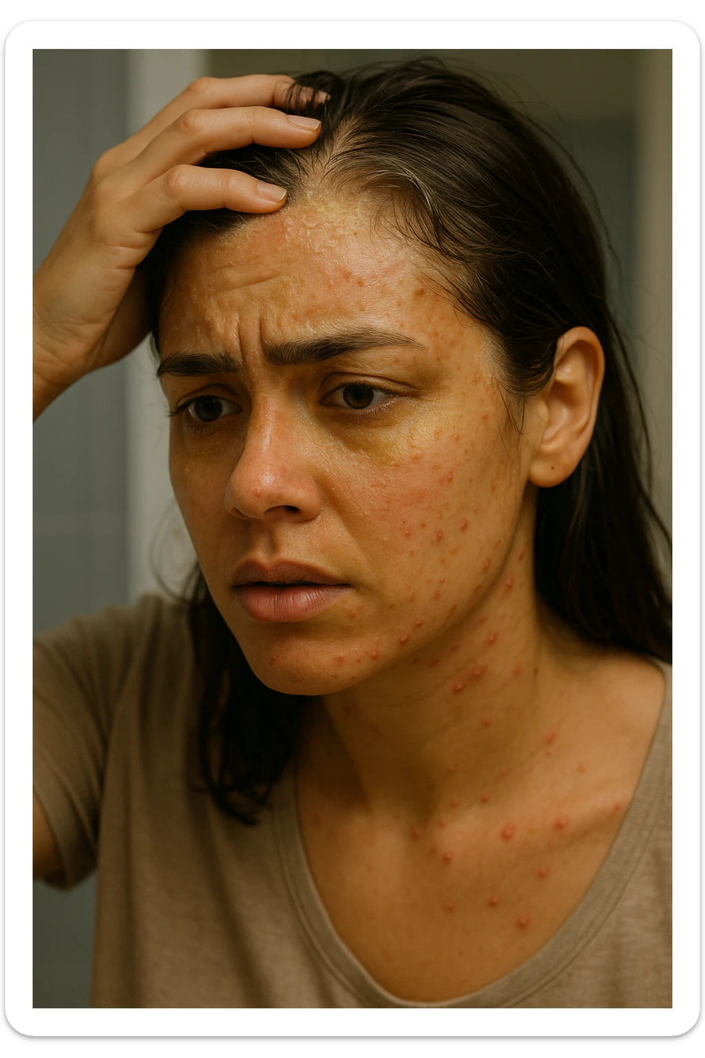 A highly realistic, cinematic close-up portrait of a young woman in her late 20s with medium skin tone, displaying visible folliculitis and seborrheic dermatitis. Small, red, inflamed follicular papules and pustules are scattered along her hairline, jawline, and upper neck, indicating folliculitis. Her scalp and areas around the nose and eyebrows show flaky, greasy yellowish scales, with redness and irritation, indicating seborrheic dermatitis. Her hair appears slightly greasy and clumps near the scalp, emphasizing excess sebum production. She gently touches her irritated scalp with concern while looking at herself in a softly lit bathroom mirror, expressing discomfort and frustration. The environment is neutral and clean, with daylight softly illuminating the scene to highlight the skin and scalp texture. The style is 35mm hyperrealistic, with warm neutral tones and shallow depth of field to maintain focus on her skin, inflammation, and emotional expression, visually explaining the physical discomfort and aesthetic concerns of living with folliculitis and seborrheic dermatitis sticker