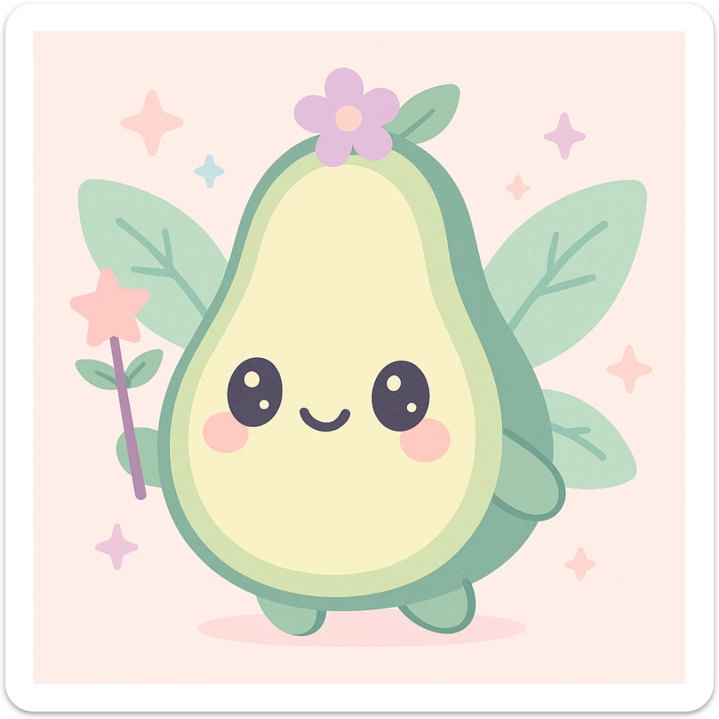 avocado fairy, holding a wand, leafy wings, enchanting, magical, cute, fantasy style sticker