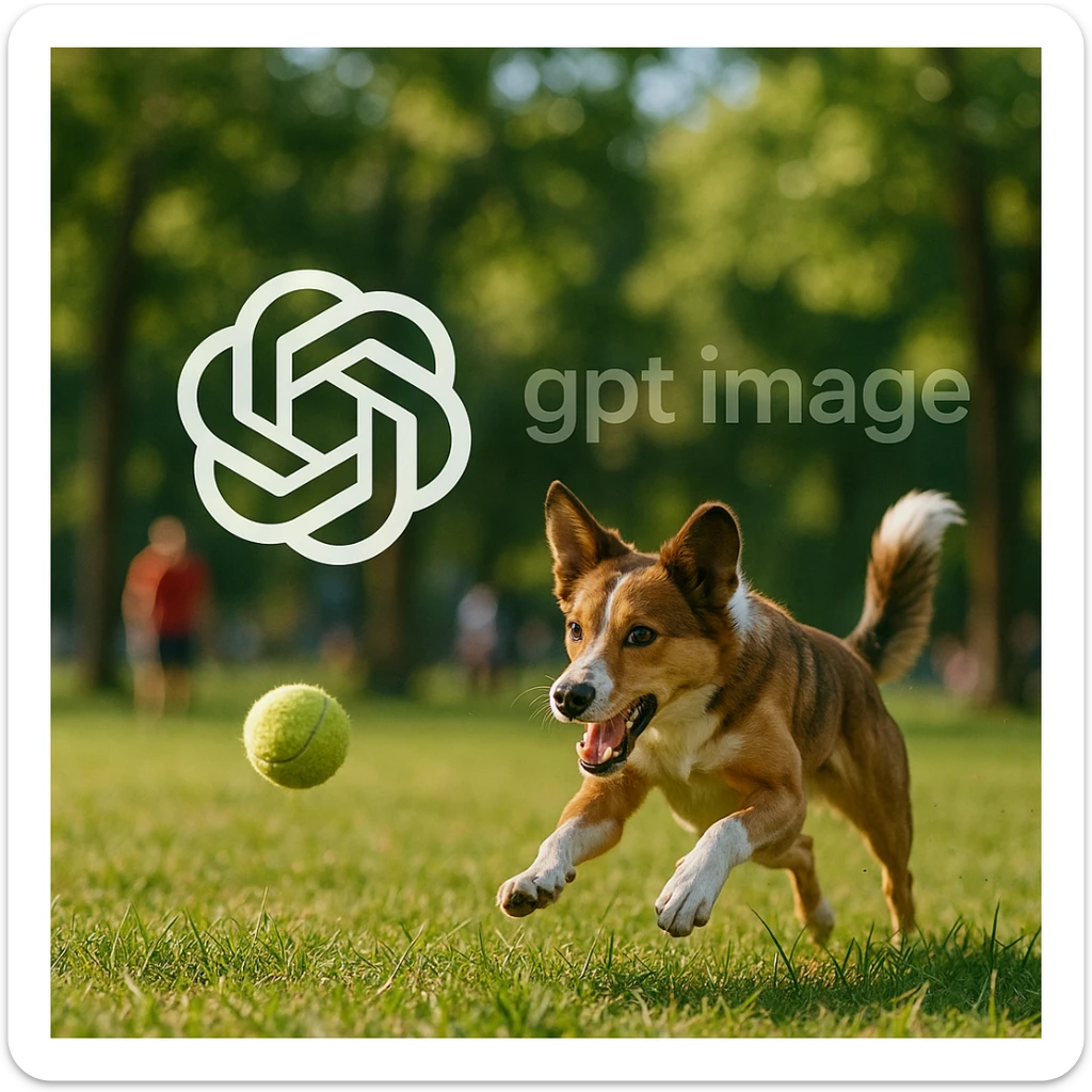  logo of chat gpt with text "gpt image" on the background of a dog chasing ball, realistic image sticker