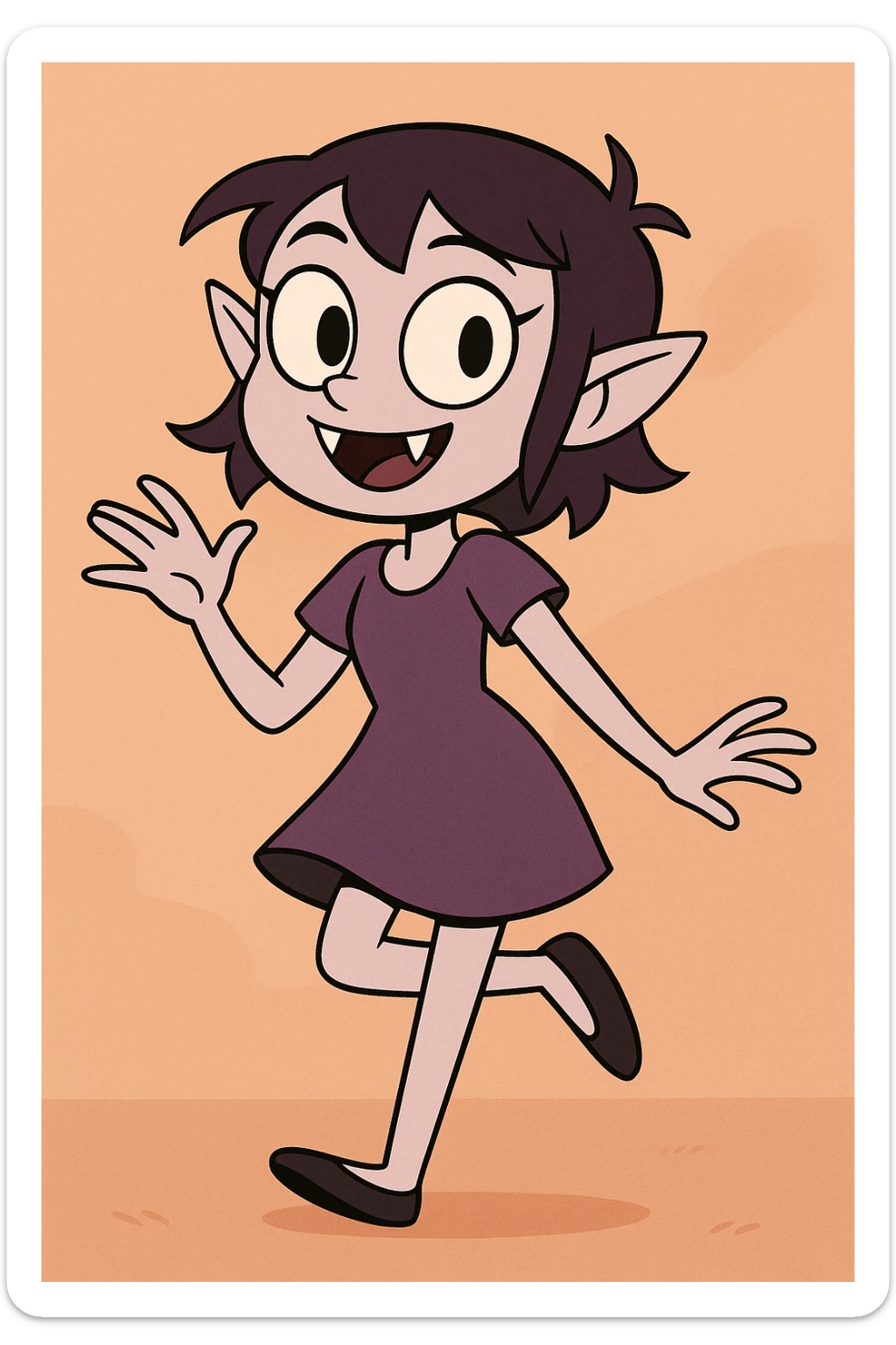 vampire girl, cartoon style, playful pose, purple dress, small fangs, big eyes, cute and friendly sticker
