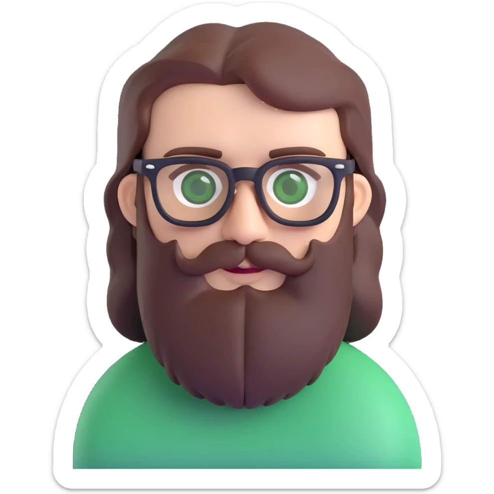 3D style portrait of a white male, mid 30s, green eyes, black square glasses, long brown beard, medium brown hair, neutral expression sticker