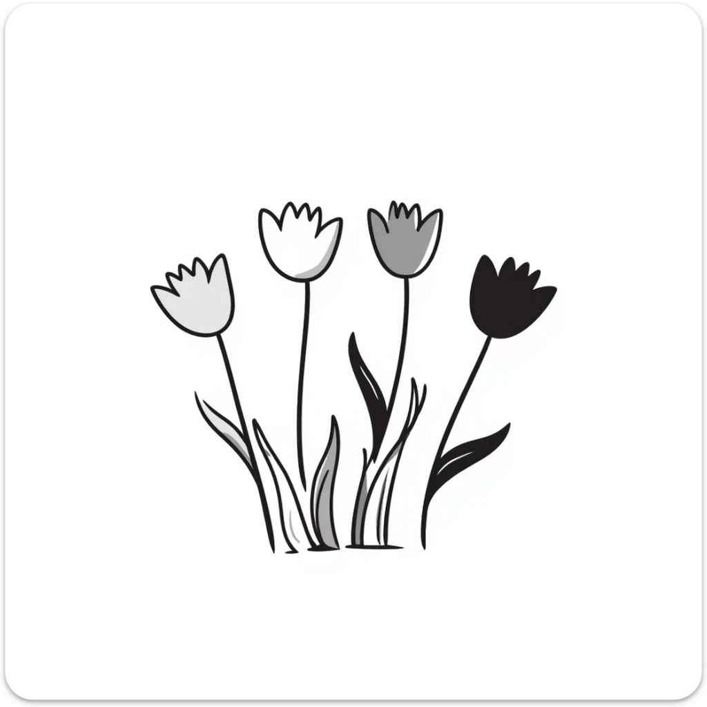 Tulip flowers with stems and leaves in pastel colors (dd9fb0, ffc6d3, a3bfc9, c4bee2, f1b091), hand-drawn doodle style sticker