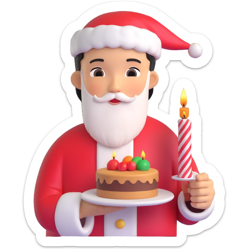 An Asian boy holding a small cake with a candle, Santa Claus in the background sticker