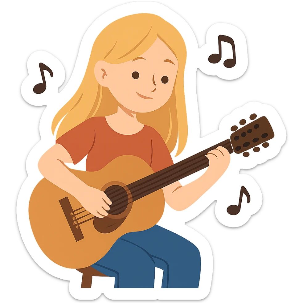 flat toon style of a pretty blonde girl playing guitar with music notes floating sticker