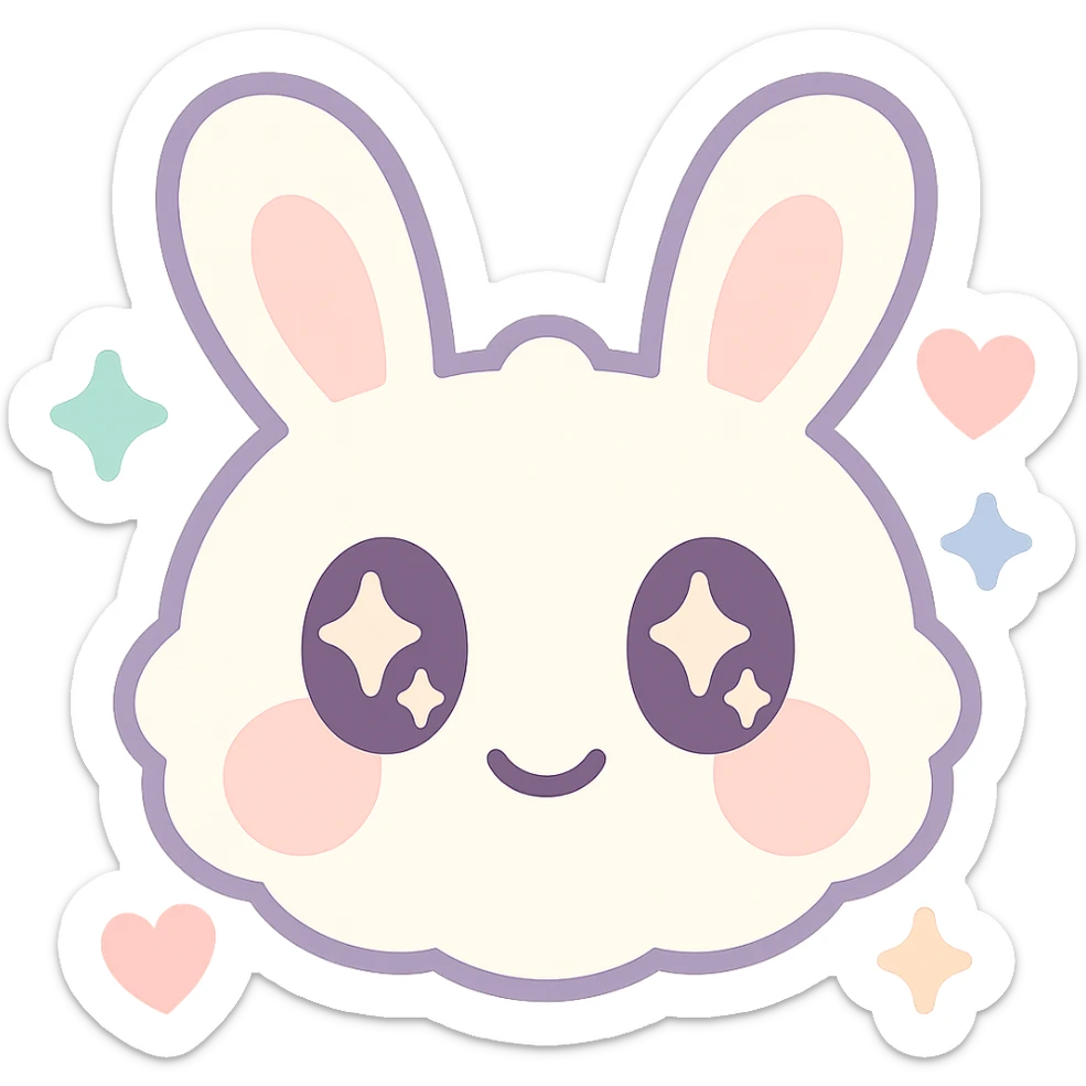 Create a kawaii chibi-style bunny emoji focusing on sparkles and hearts only, with a round fluffy face, sparkly eyes, blushing cheeks, pastel color palette, soft rounded design, anime-style. The emoji should have a transparent background and be vector art. sticker