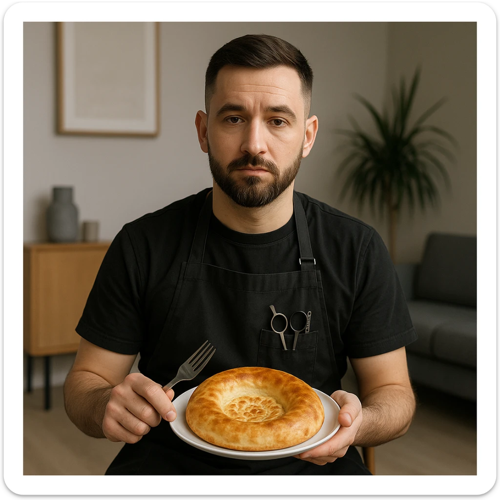 sartarosh xonada sal zamonaviy roq bulsin shunchaki tarelka v vilka ushlab utirsin tarelkada esa faqat uzbekcha non bulsin kayfiyati xam urtacha bulsin xursan bob ketmasin sticker