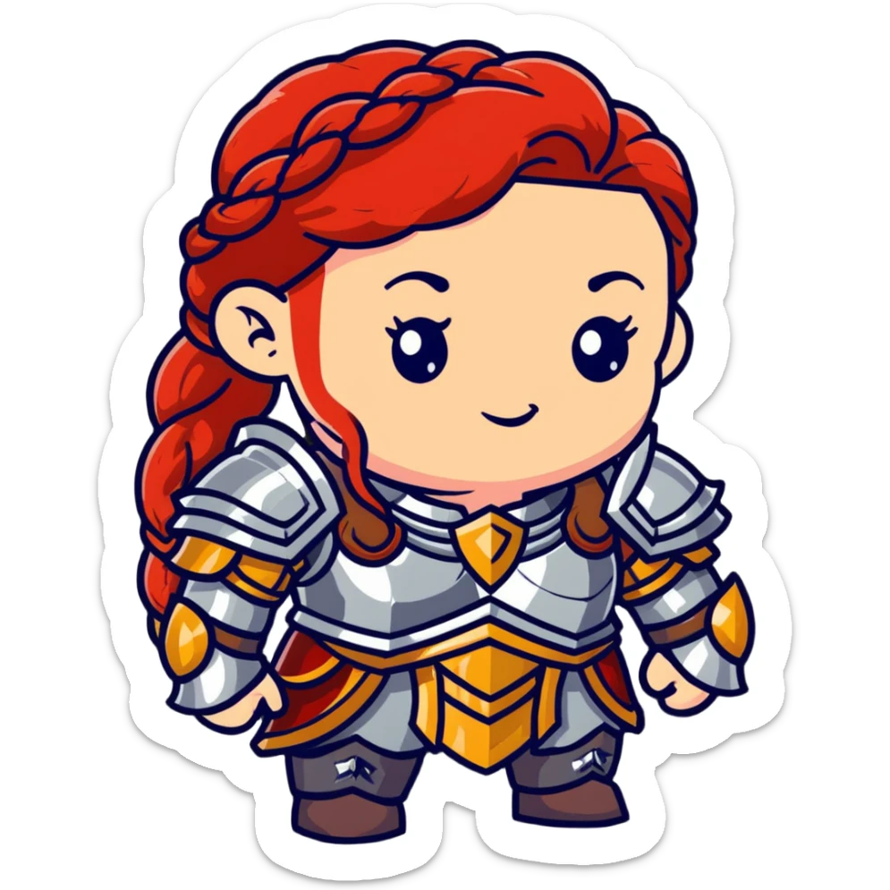 female dwarf from Lineage 2 with braided red hair, stocky build, wearing fantasy armor and jewelry sticker