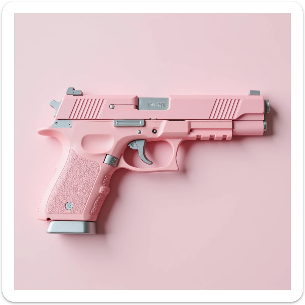 photorealistic pink pistol with a silver trigger and accents, no heart shapes or motifs, white background sticker
