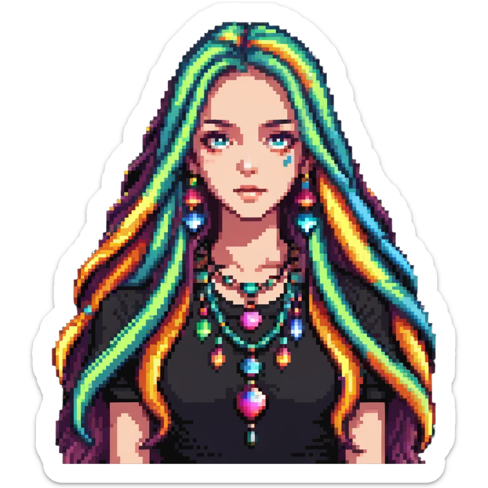 Beautiful girl with metal jewelry, colorful, long hair, dreamy expression sticker