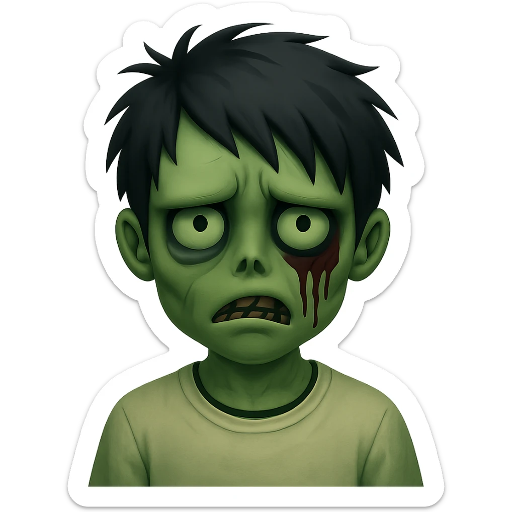 Add green skin to the zombie boy with black medium-length messy emo hair, dark and spooky expression, wearing a white shirt, no background, in emoji style. sticker
