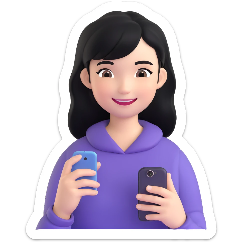 girl holding a smartphone, smiling, emoji style, with black hair sticker
