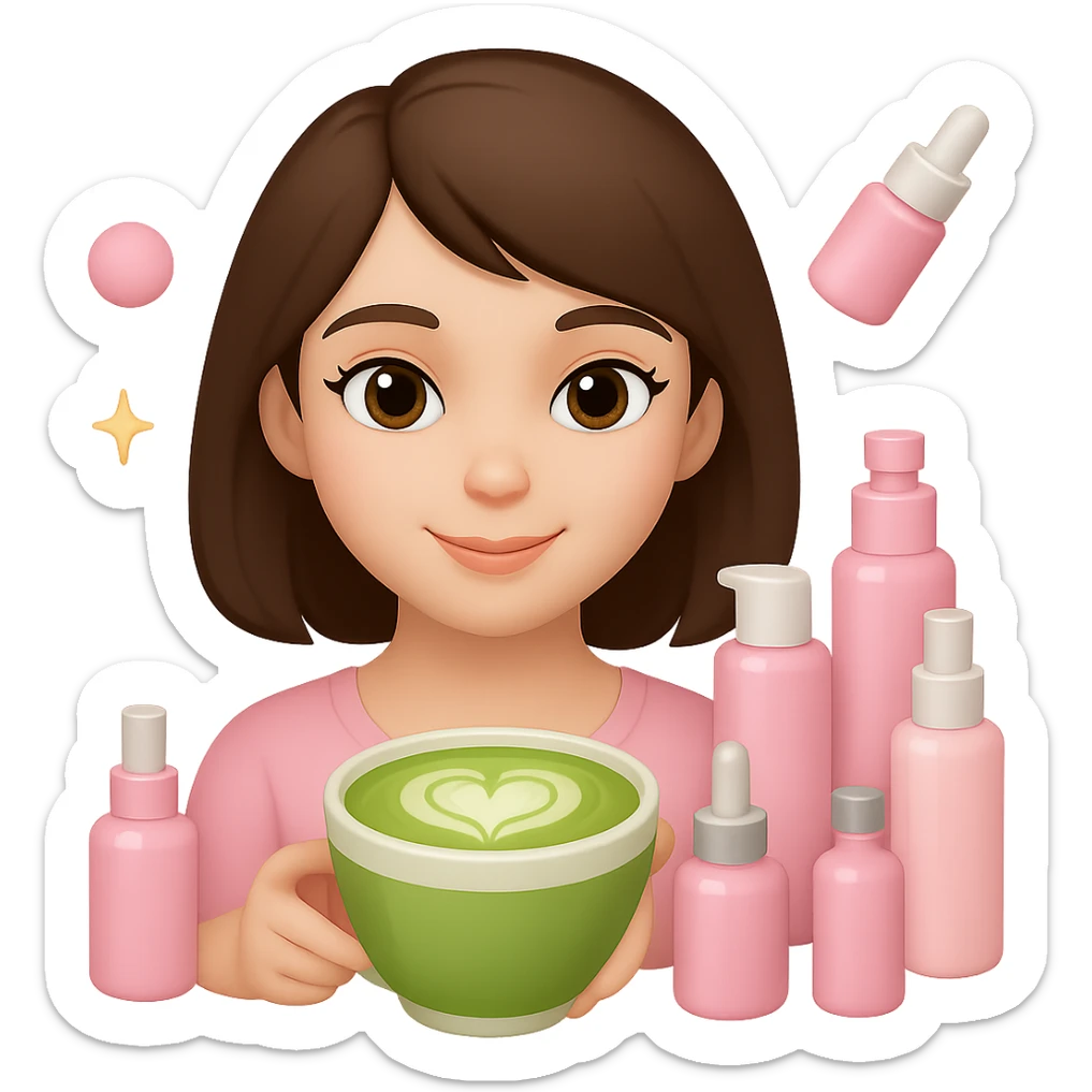 Create an Apple emoji style profile picture of a girl with short dark brown hair and brown eyes, pink soft girl aesthetic, holding a matcha latte, surrounded by pink skincare and makeup, sparkles, with a different hairstyle such as a side part or bob. The style should mimic Apple emojis with a soft and polished look. sticker