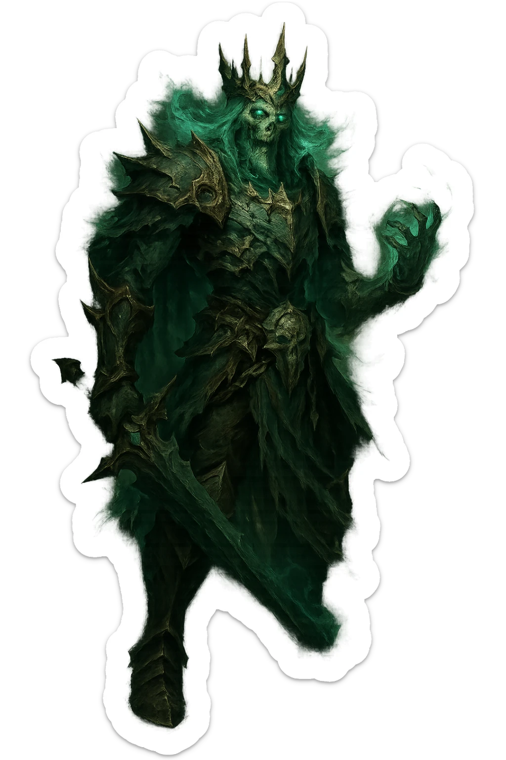 The Ruined King from League of Legends, detailed, wearing a jagged crown, ghostly green aura, fantasy character, full body, no text, emoji or icon style sticker