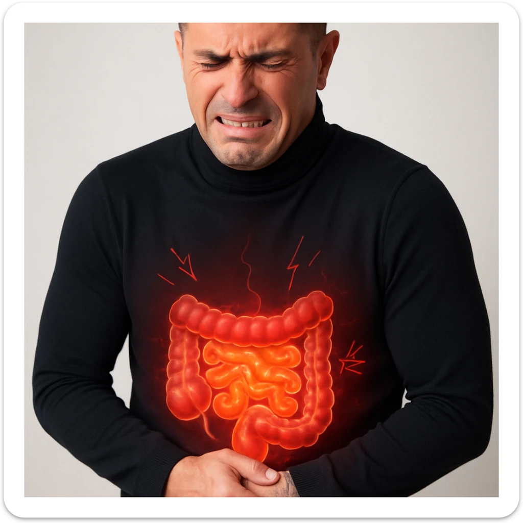 Realistic style image of a man with an expression of pain and discomfort, focus on the abdomen. Highlight the inflamed and painful intestine with visual effects such as redness, glow, and inflammation symbols. Neutral background. sticker