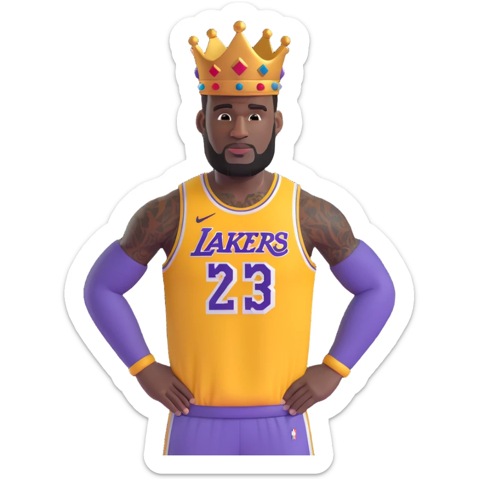 Lebron James wearing a Lakers jersey and a crown on his head, detailed likeness, vibrant colors, iconic pose sticker