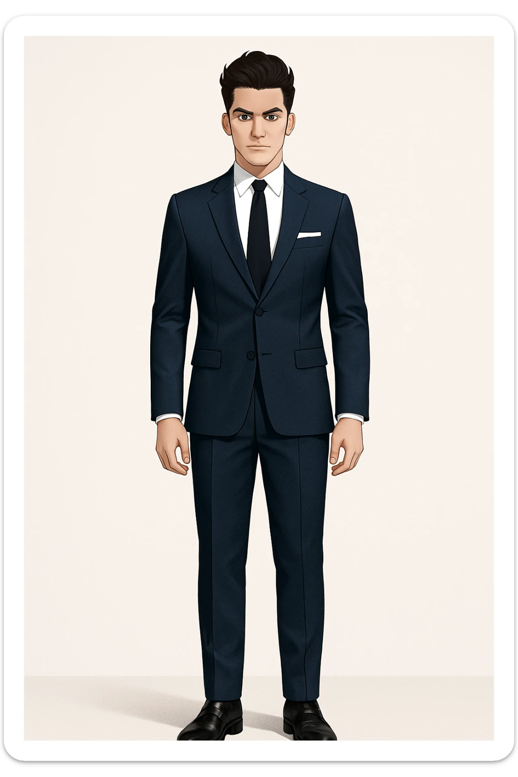 Full-body illustration of a young man, elegant hairstyle, confident, in a tailored navy blue suit, white shirt, black tie, and pocket square. Standing straight, arms relaxed at sides. Clean background, modern business style, sharp lines, consistent lighting, same character as before. sticker