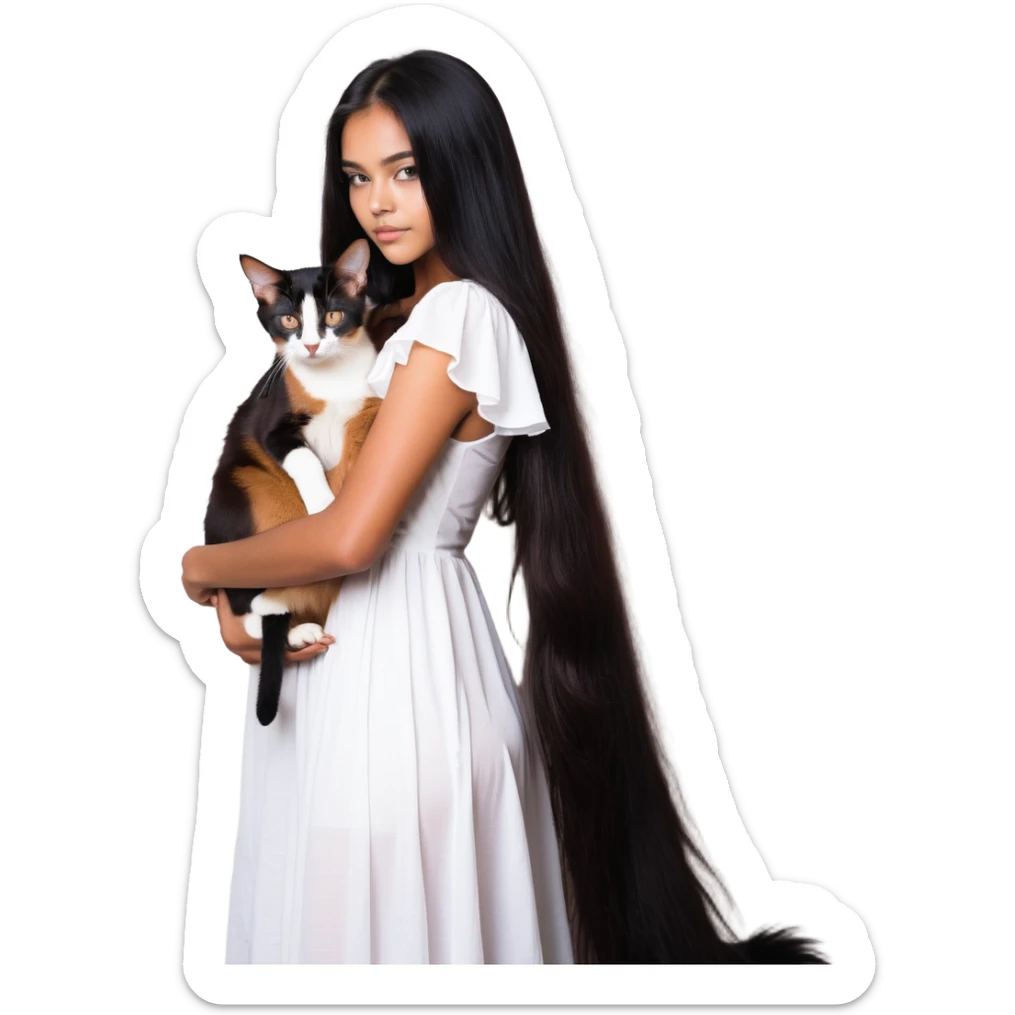 beautiful girl with long black hair in a white dress cuddling an Abyssinian cat with reddish-brown fur sticker