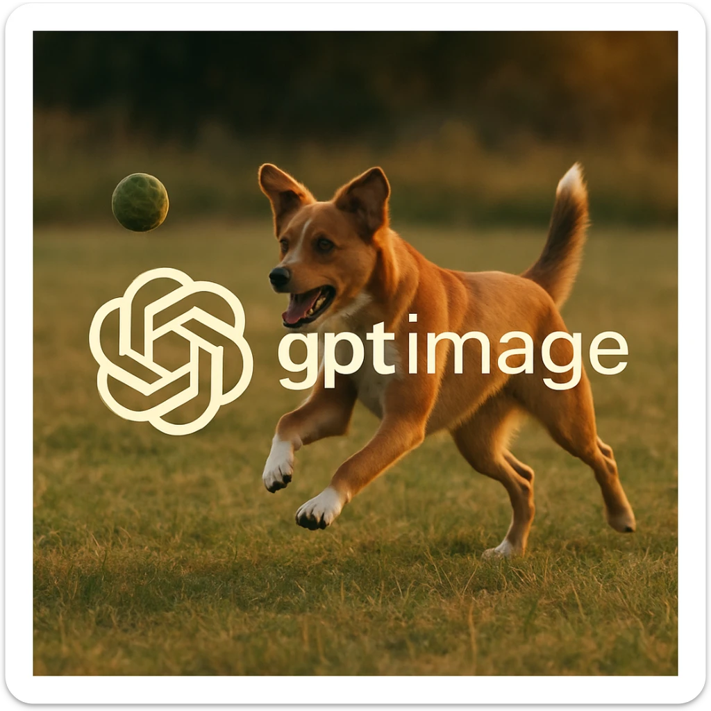  logo of chat gpt with text "gpt image" on the background of a dog chasing ball, realistic image sticker
