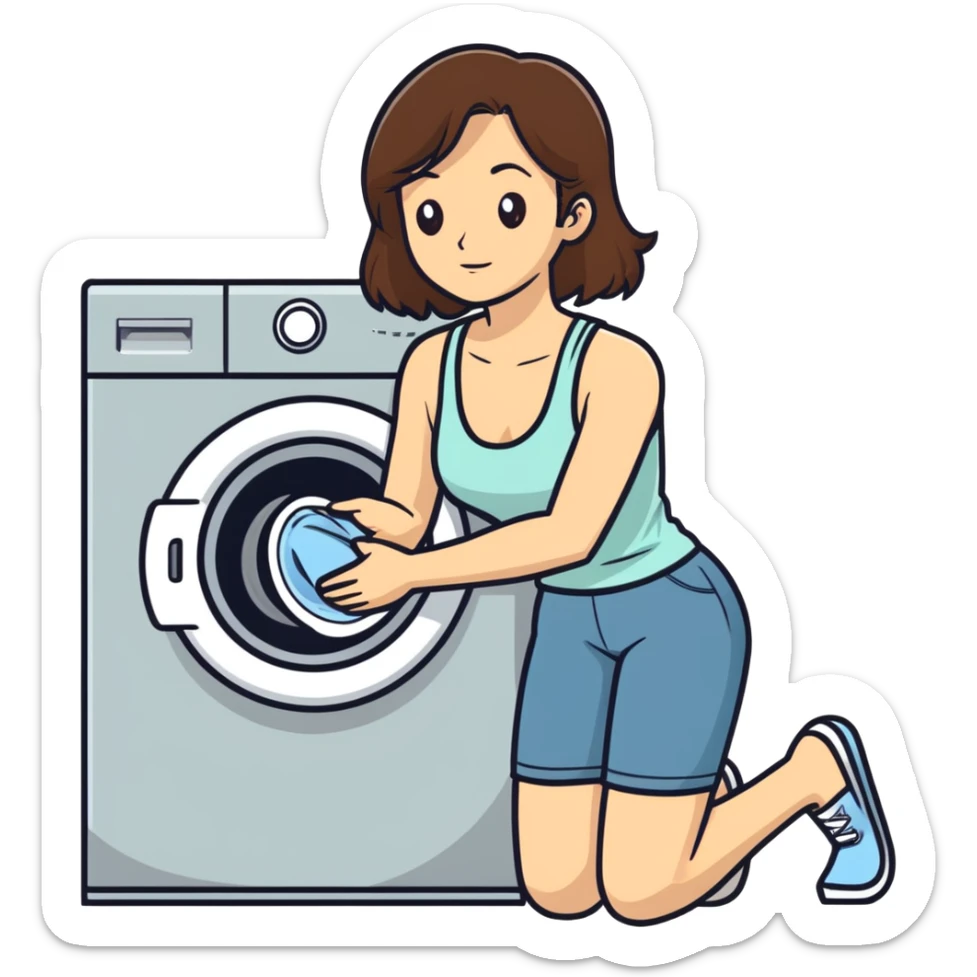 Caucasian woman with brown hair and huge boobs wearing a tank top kneeling next to washer and dryer sticker