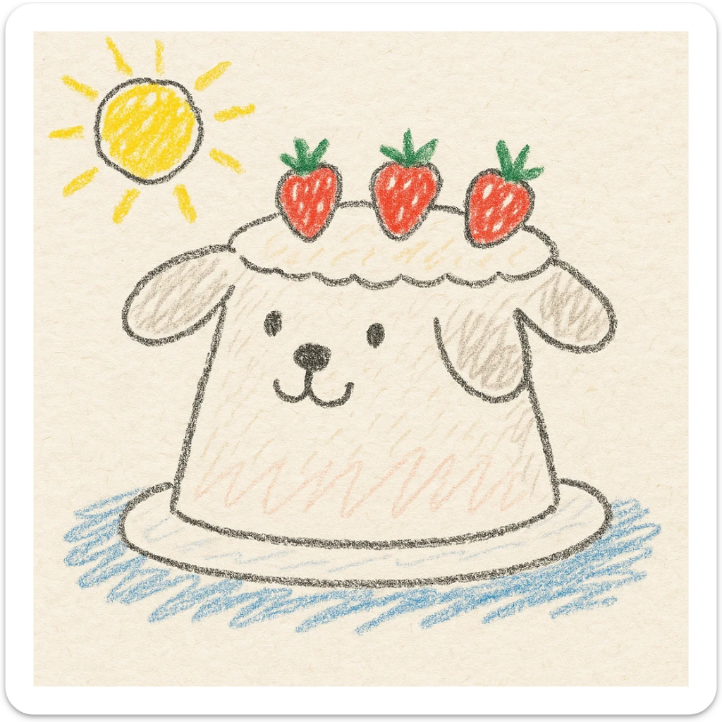 white cake shaped like a dog with strawberries on top, children doodle style, cheerful and sweet sticker