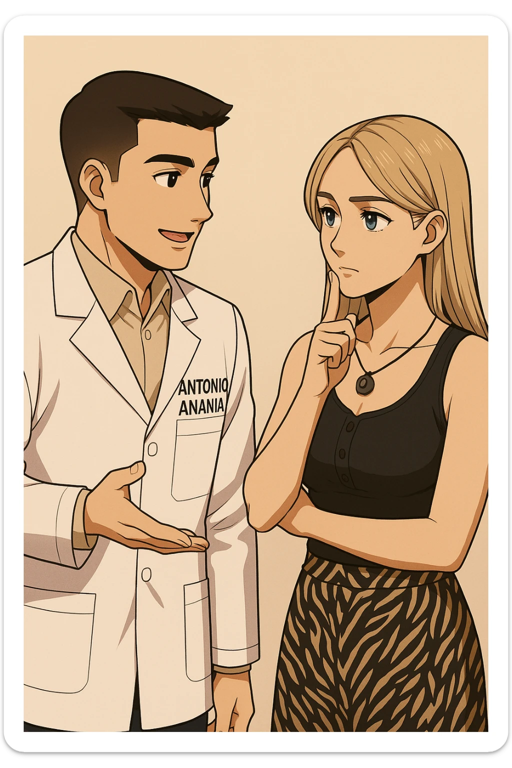 fai un webtoon/manga a colori con questo kinesiologo in camice bianco (fagli la scritta "ANTONIO ANANIA" SUL CAMICE) CHE PARLA CON QUESTA RAGAZZA CON GLI OCCHI AZZURRI. la ragazza HA UN DITO SUL MENTO MENTRE PENSIEROSA gli fa una domanda e IL KINESIOLOGO CON IL CAMICE BIANCO LE risponde. NON FARE I FUMETTI, FAI SOLO LORO COME SE DIALOGASSERO sticker