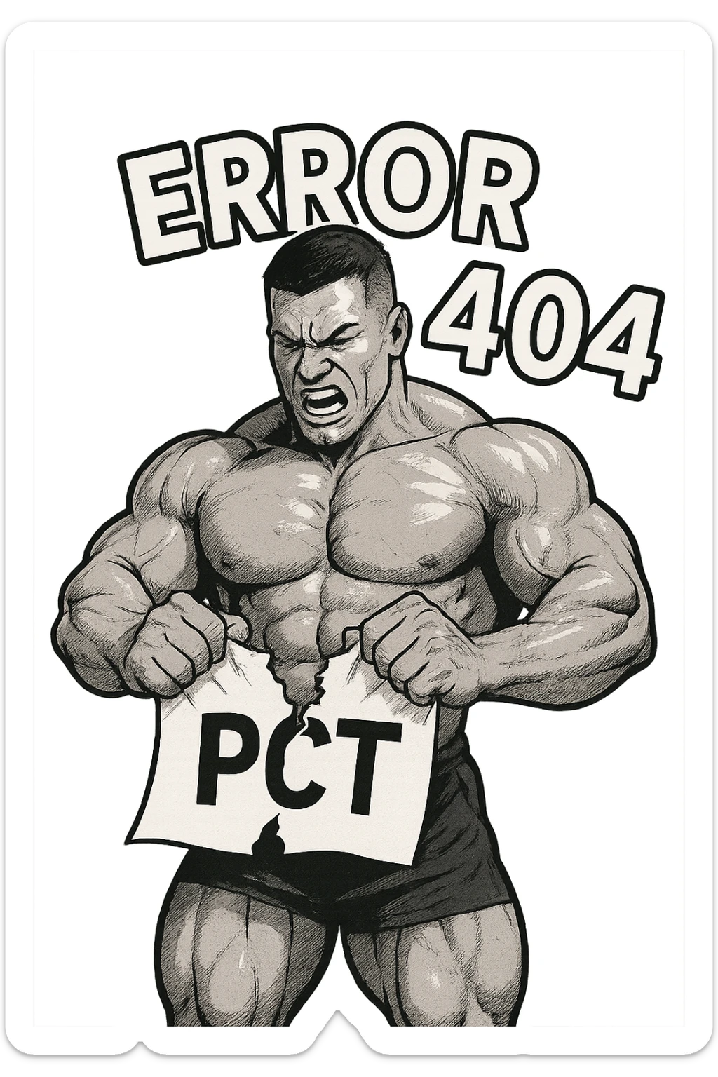 bodybuilder che strappa un foglio con la scritta "PCT" INTORNO A LUI FLUTTUA LA PAROLA "ERROR 404" sticker