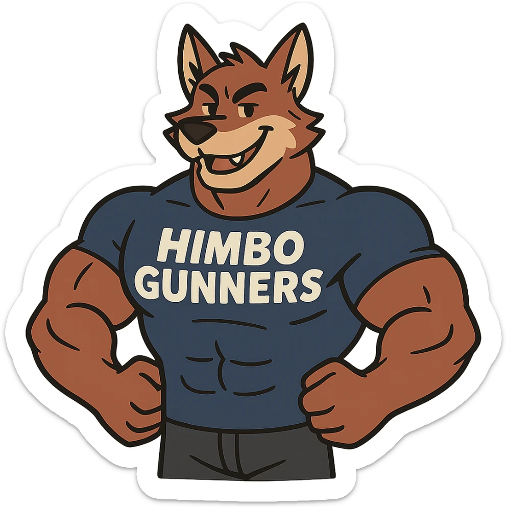 muscular furry character wearing a t-shirt that says 'Himbo Gunners', flat toon style sticker