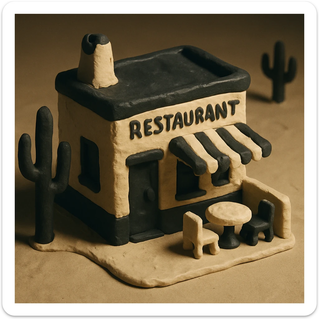 isometric exterior of a small southwestern restaurant, black, beige, and white color palette, 3D realistic, claymation look sticker