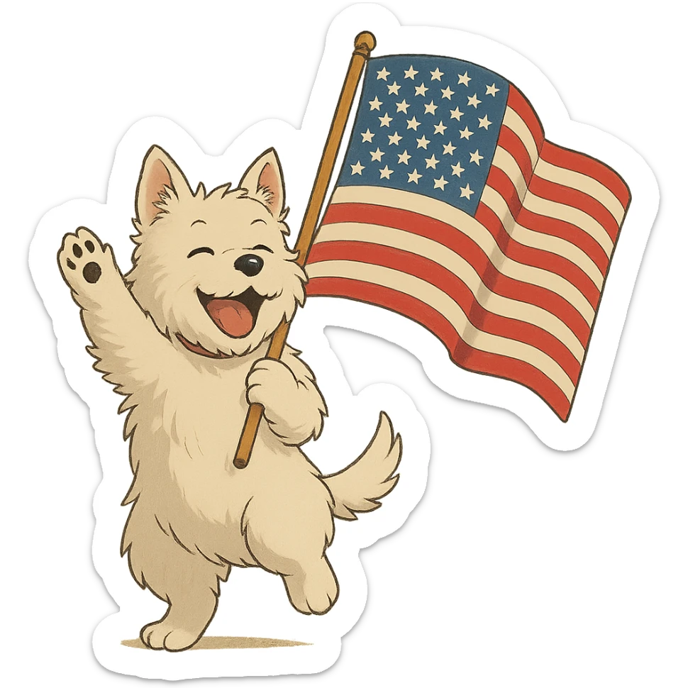 white Westie dog joyfully waving a United States flag, ghibli-inspired illustration style sticker