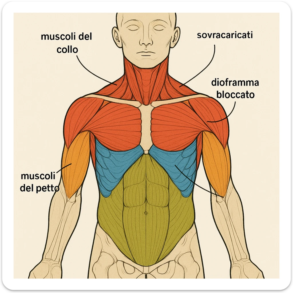 vista anteriore del busto umano con diaframma bloccato, muscoli del collo e scapole sovraccaricati, colori diversi per ogni area, didascalia in italiano sticker