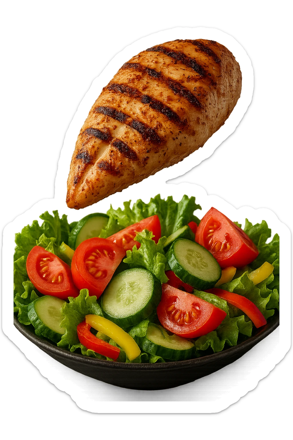 INSALATA CON PETTO DI POLLO GRIGLIATO CHE CADE DALL'ALTO, IPERREALISTICO 4K sticker