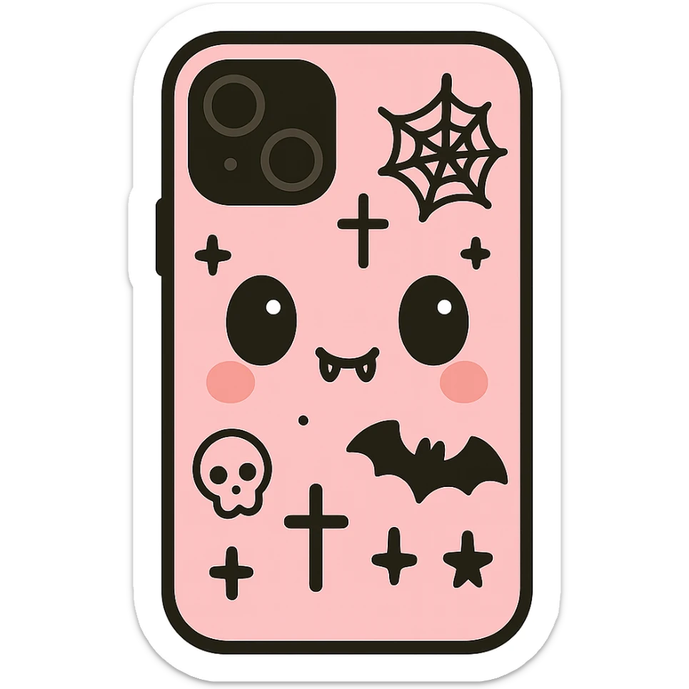 Add more gothic symbols such as crosses, spiderwebs, bats, and skulls to the pink and black kawaii phone case. Keep big eyes, cute fangs, playful, cartoonish, with no background. sticker