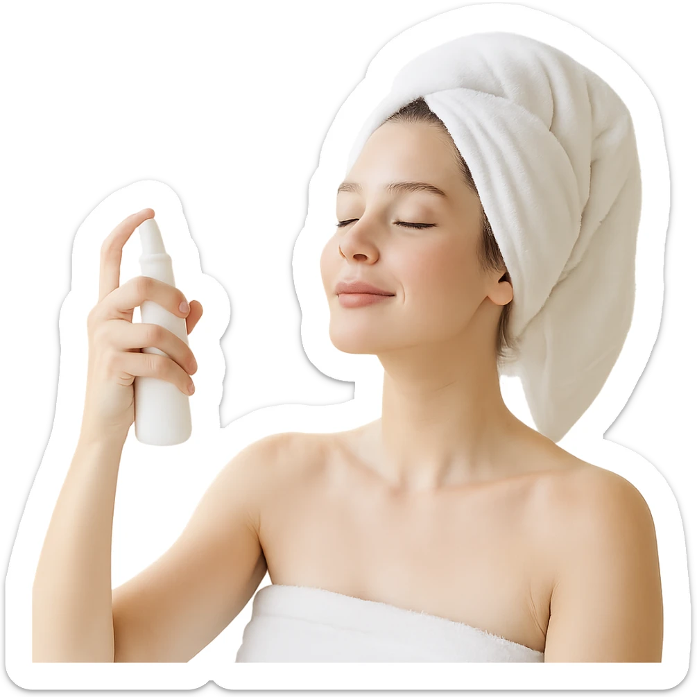 girl misting her face, relaxed, spa-like atmosphere, light and airy, skincare sticker