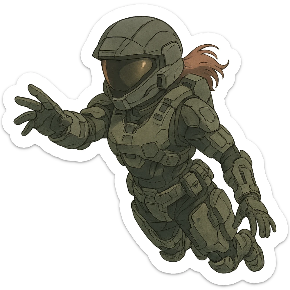 1 female, strengthened sIII spartan-3 helmet with a black visor, a tactical female space warrior floating in zero-g EVA operations, reaching in front of her sticker