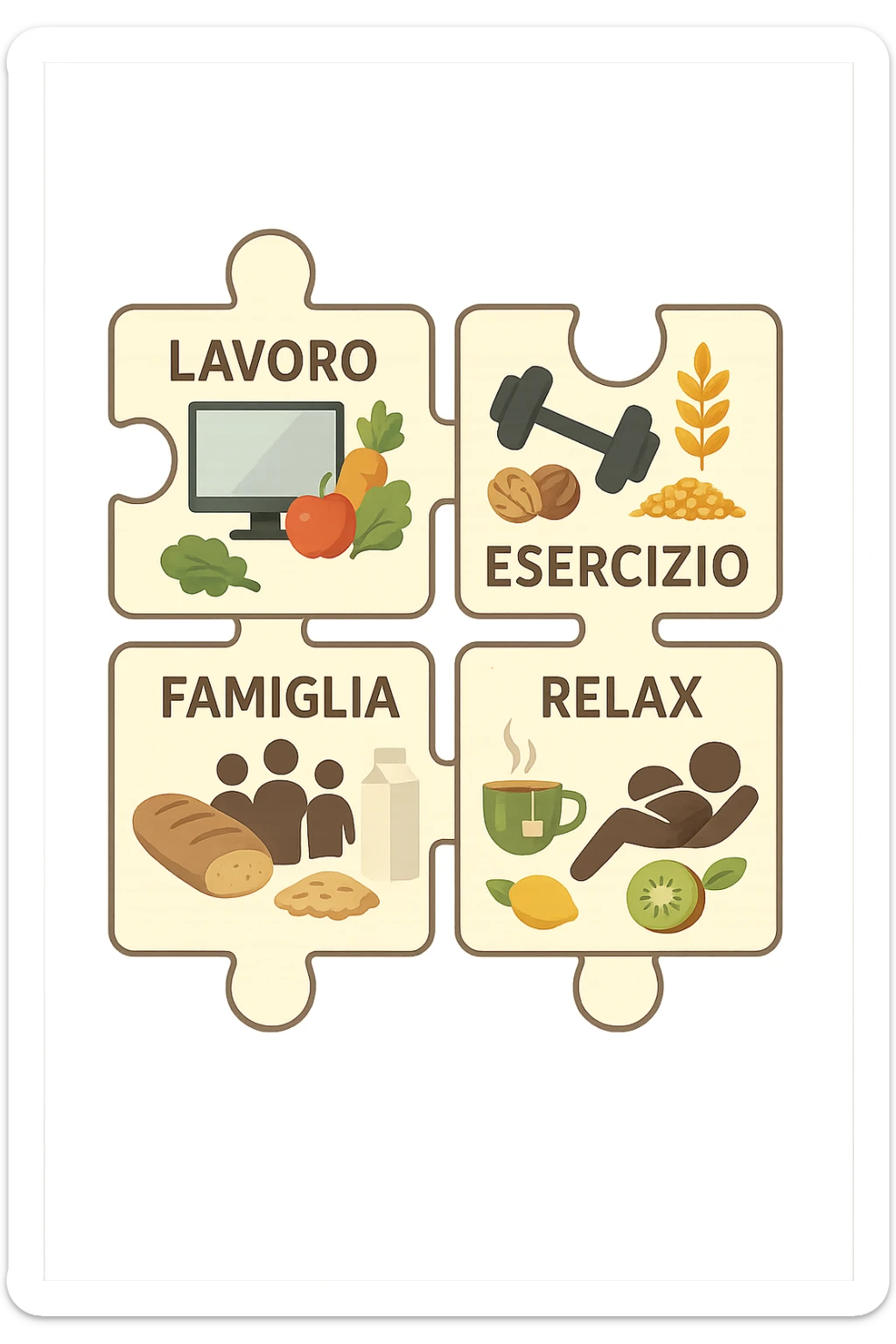 Puzzle (Lavoro, Esercizio, Famiglia, Relax), in lavoro metti icona di un PC, in Esercizio un Manubrio, in Famiglia una famiglia, in Relax qualcuno che riposa and healthy foods are integrated into each piece. in italiano sticker
