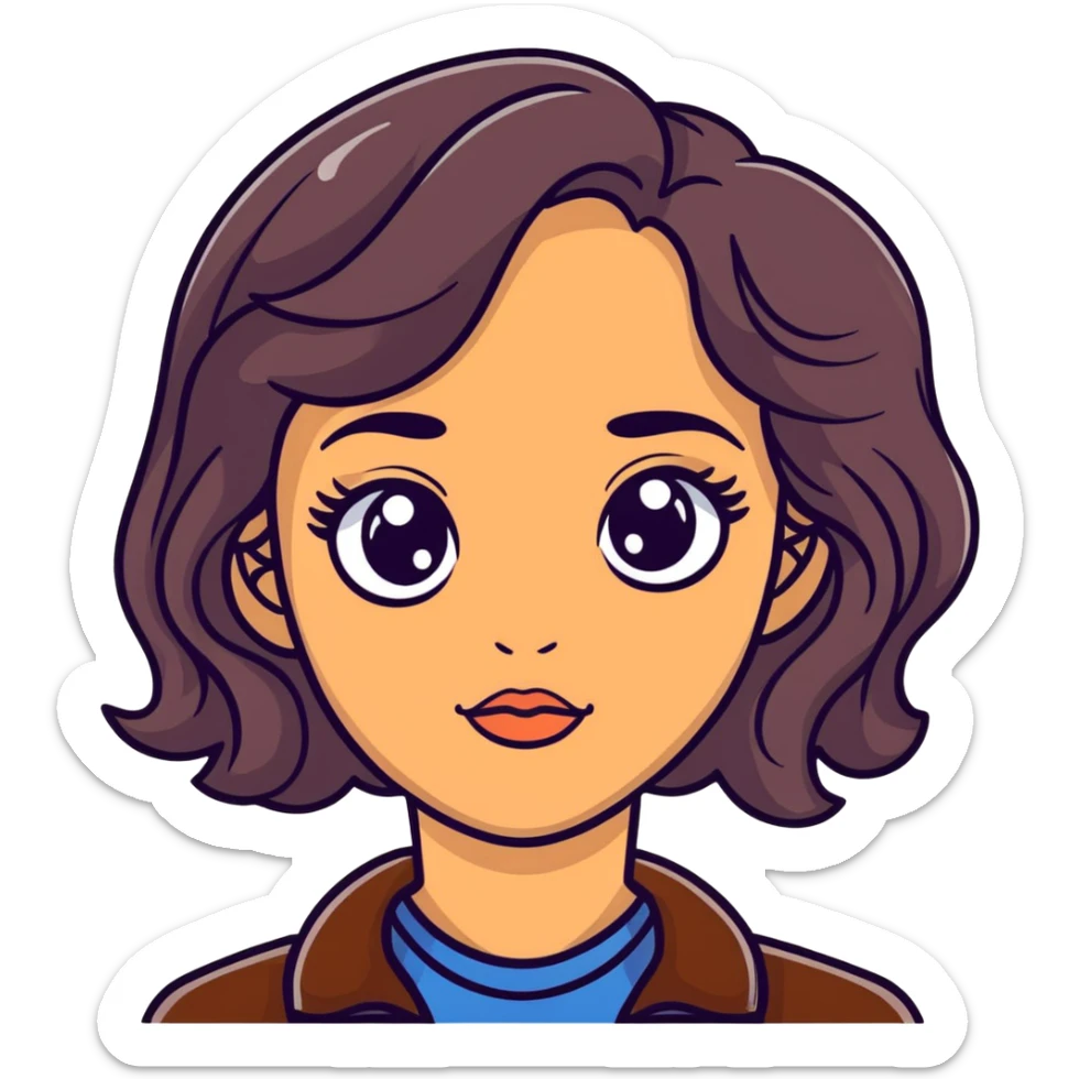 woman face with big eyes, medium skin tone, and dark wavy hair sticker