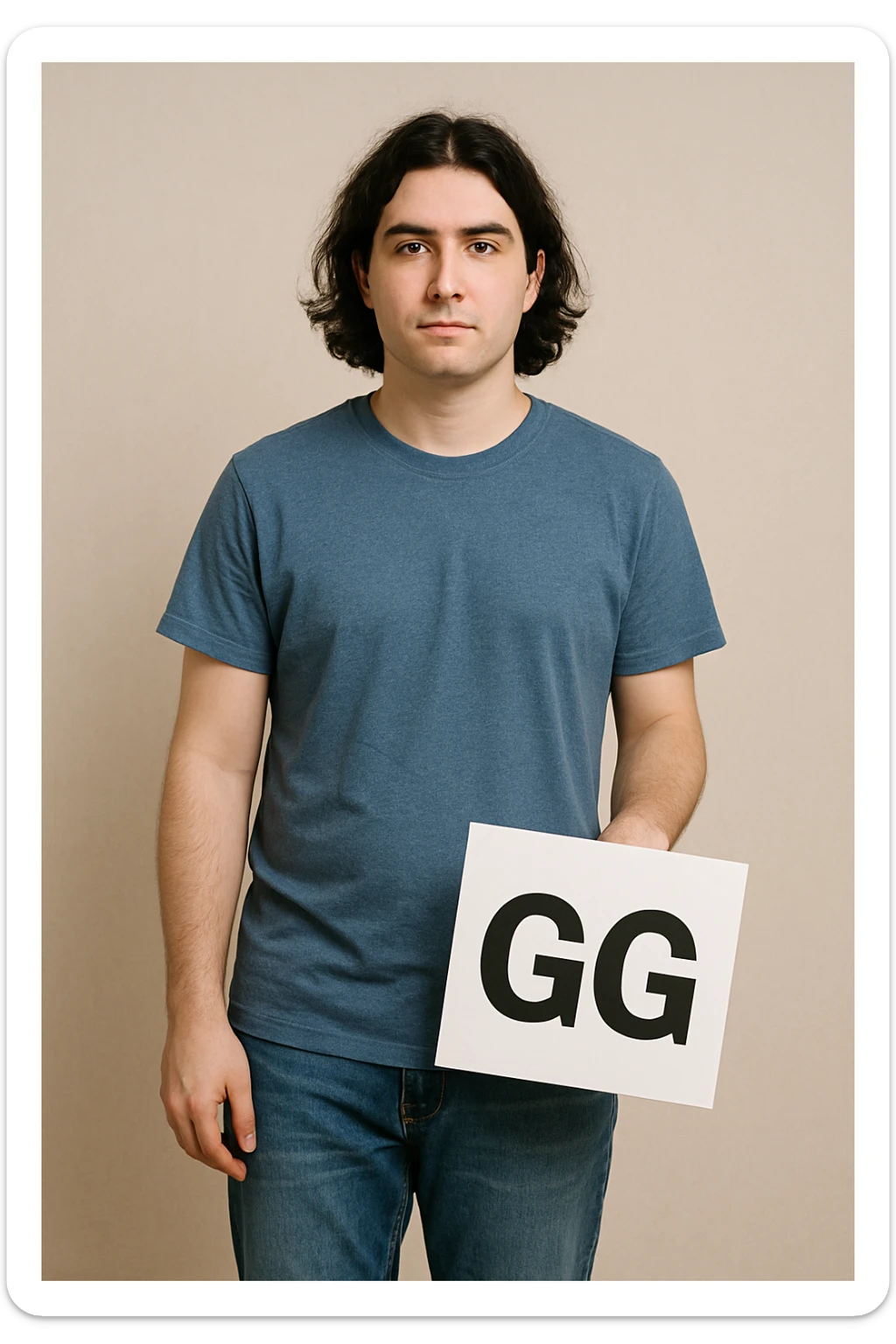 The person in the image is holding the GG sign loosely with one hand hanging beside them, the person remains the same. sticker