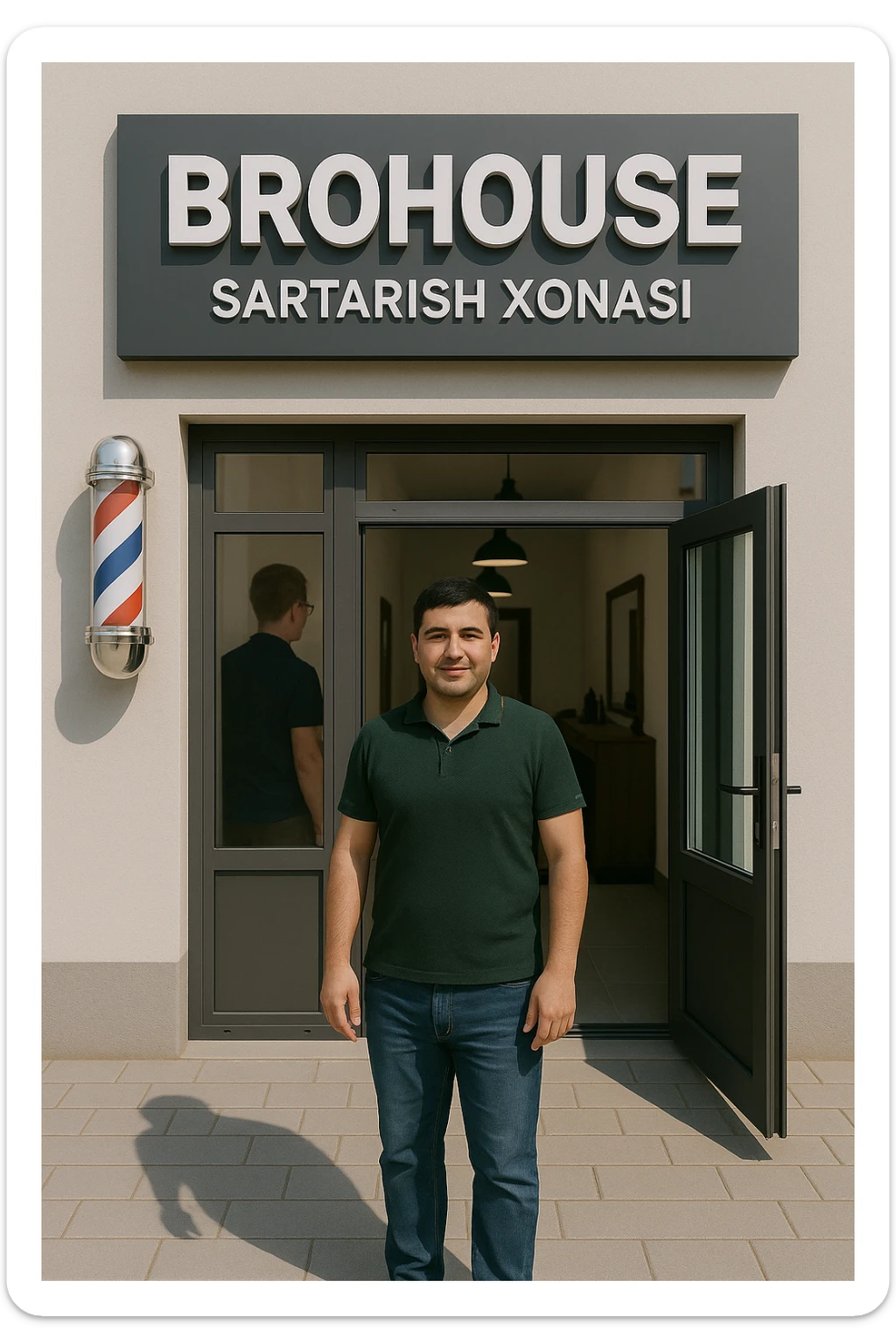 eni shu rasimga manashu odamga uxhshasin sartaosh eshik oldida tursin va tashqarida esa mijoz sticker