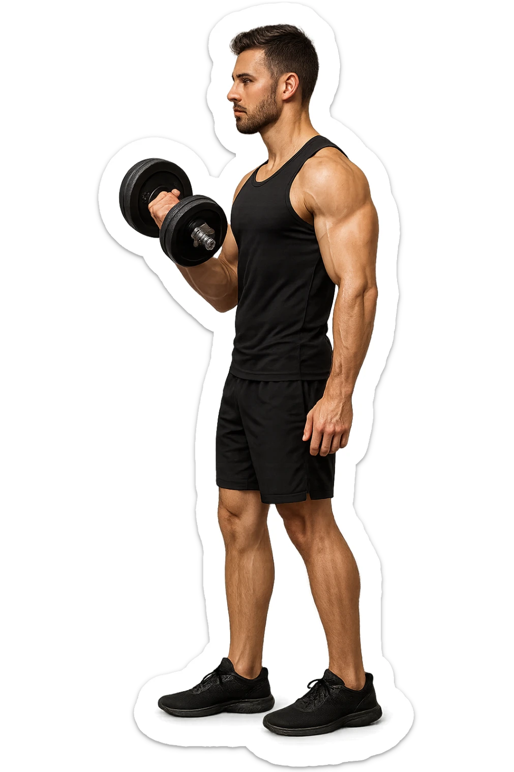 uomo fitness di profilo a figura intera con manubrio da palestra in mano, iperrealistico 4k sticker