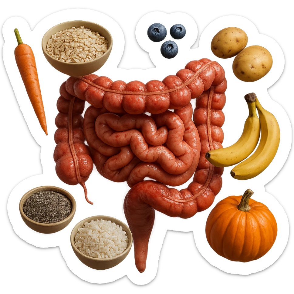 intestino umano anatomico infiammato con carota, bowl di avena, mirtilli, bowl di semi di chia, patate, banane, zucca, bowl di riso che gli fluttuano intorno , iperrealistico 4k sticker