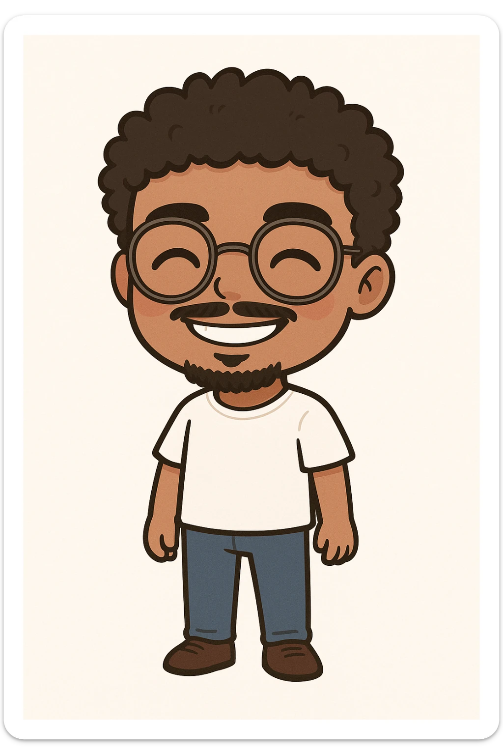 Full body illustration of a young man with dark curly hair, round glasses, a mustache and thin goatee, brown skin, smiling, in a cute, cartoon, simplified style similar to the example of Snape and Voldemort in chibi stickers style, with bold black lines and soft colors. sticker