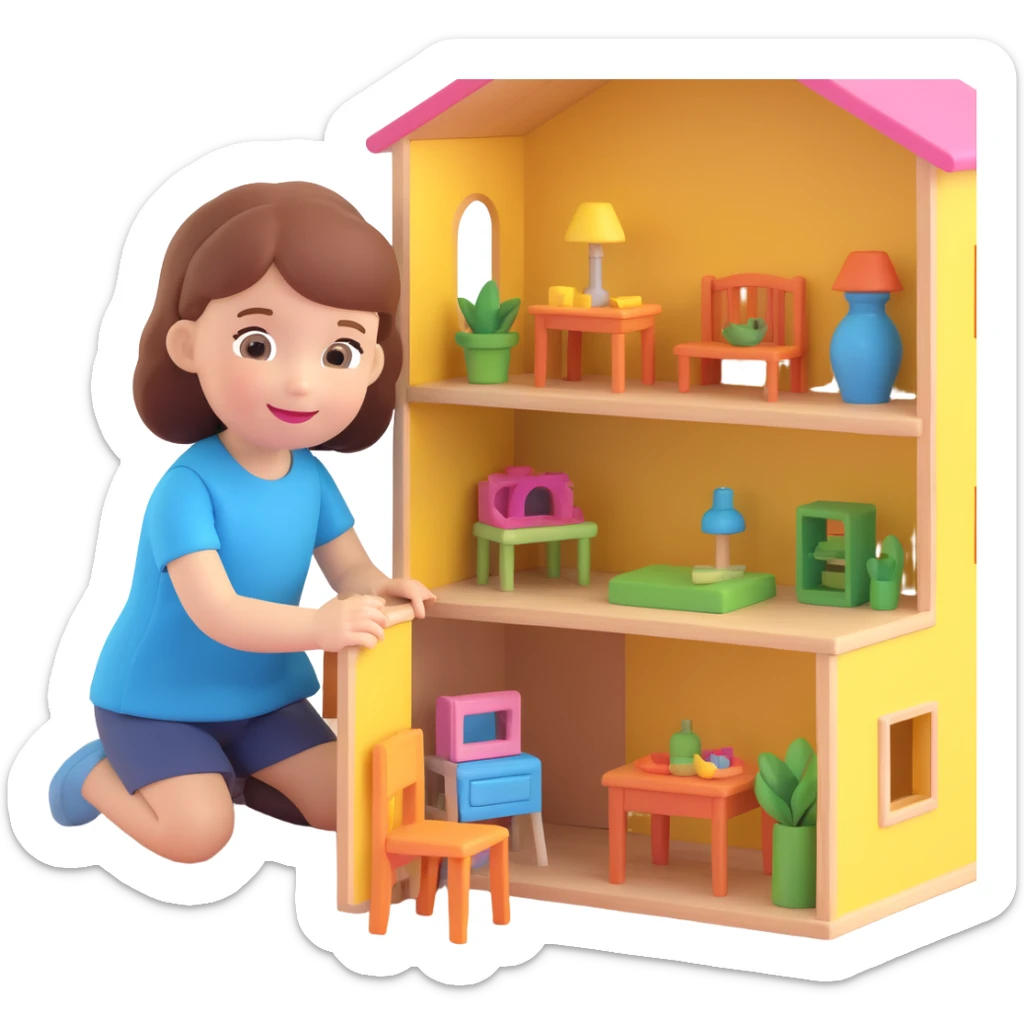 smiling girl arranging furniture in doll house sticker