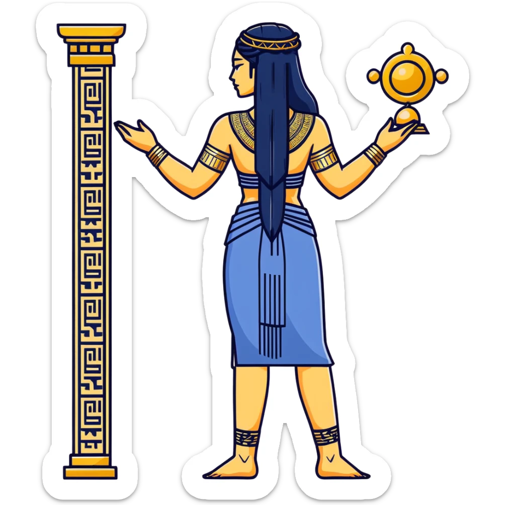 fullbody back view of Anunnaki goddess Inanna with braided long black hair, Ishtar gate symbols, completely exposed back with subtle Mesopotamian tattoos, and intricate gold jewelry on wrists and ankles sticker