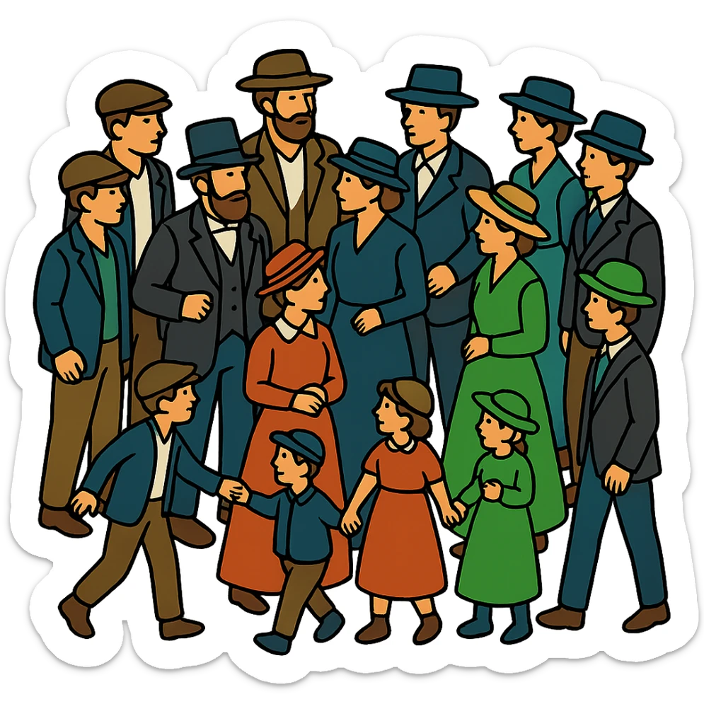 Add more people and children to the group in an isometric full body view, wearing period-appropriate 19th century clothing and hats, with dynamic poses. Keep the style consistent with lineal color icon with black outlines. Transparent background, no text. sticker
