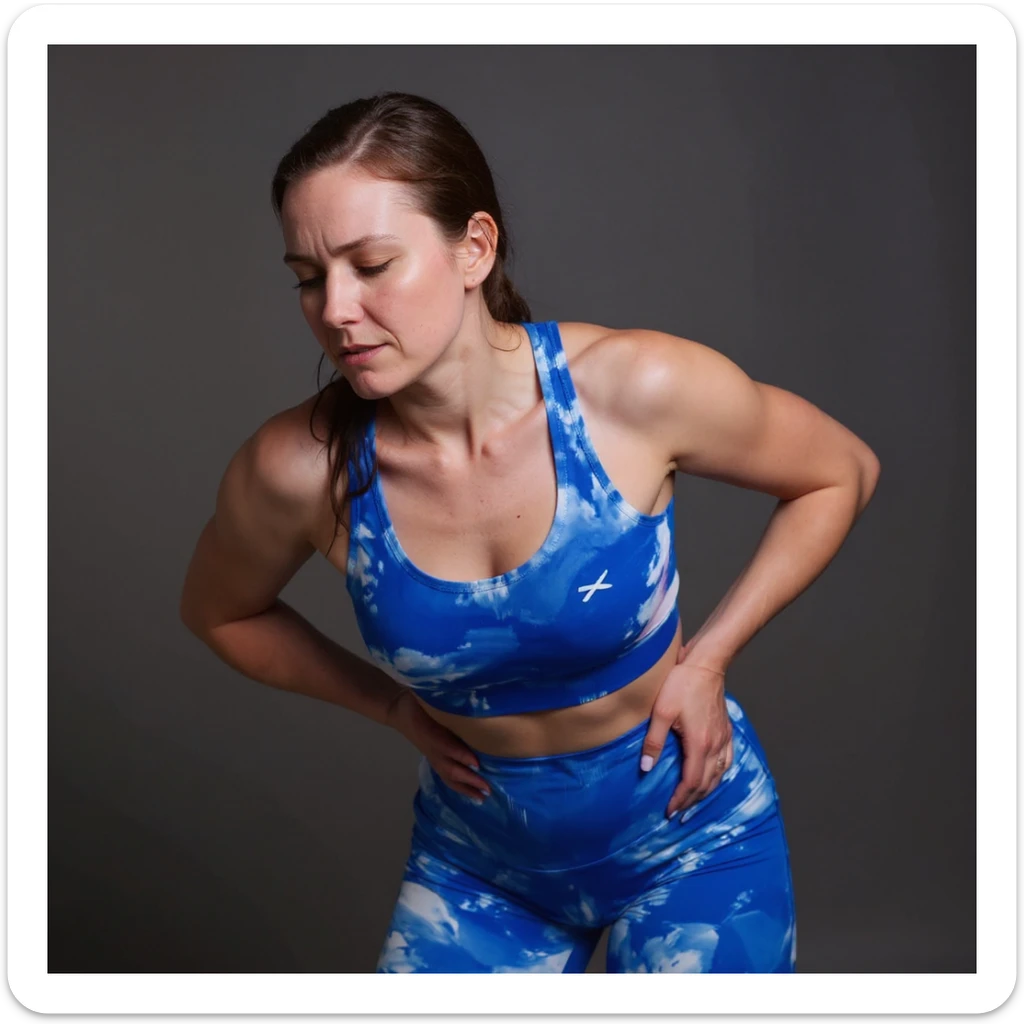 Realistic style image of a woman in sportswear inspired by the reference photo, slightly bent backward holding the back due to pain, neutral background. sticker